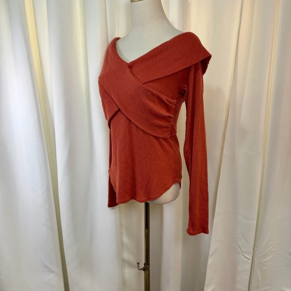Free People ‘Marley’ Off-The-Shoulder Rib Top in “Warm Stone” Orange Size Large